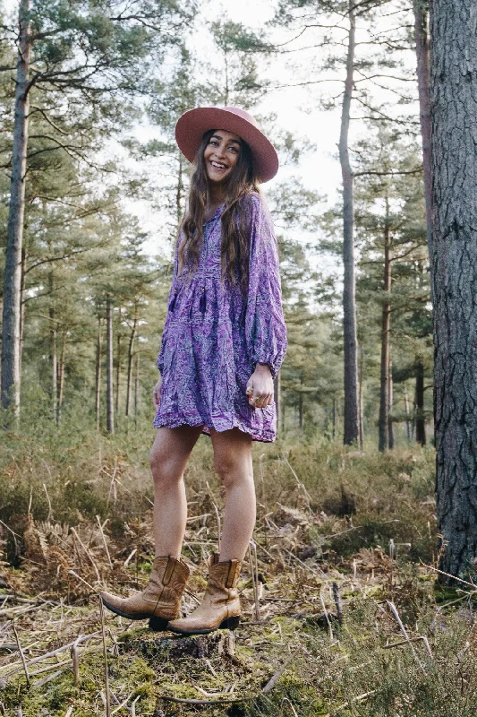 Florence Mini Dress in Orchid Purple Paisley Floral Fashionable Mini Dress with Pockets Florence Mini Dress in Orchid Purple Paisley Floral Fashionable Mini Dress with Pockets