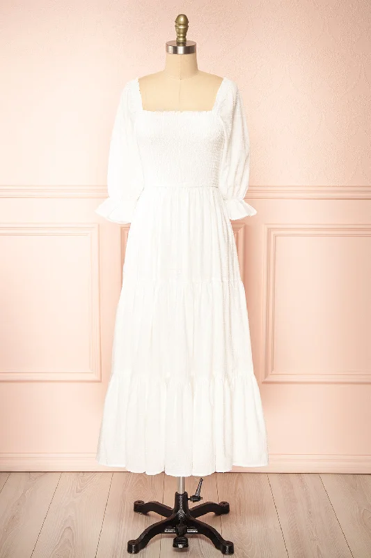Galadriel | White Midi Dress w/ Ruched Bust Elegant Floral Midi Dress
