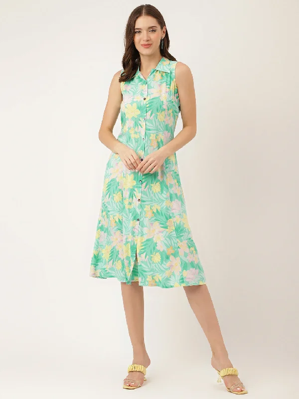 Women's Green Floral Print Rayon A-Line Midi Dress with Attached Sleeves for Women - Taantav Trendy Shift Midi Dress