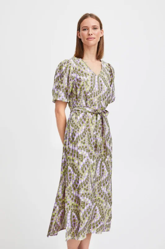 Green Printed Midi Dress Trendy Smocked Detail Midi Dress