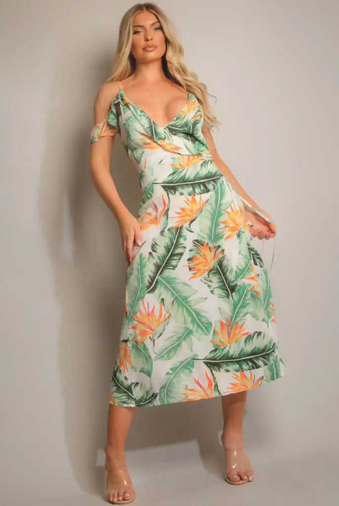 Green Tropical Print Wrap Frill Midi Dress Comfortable Fit-and-Flare Midi Dress