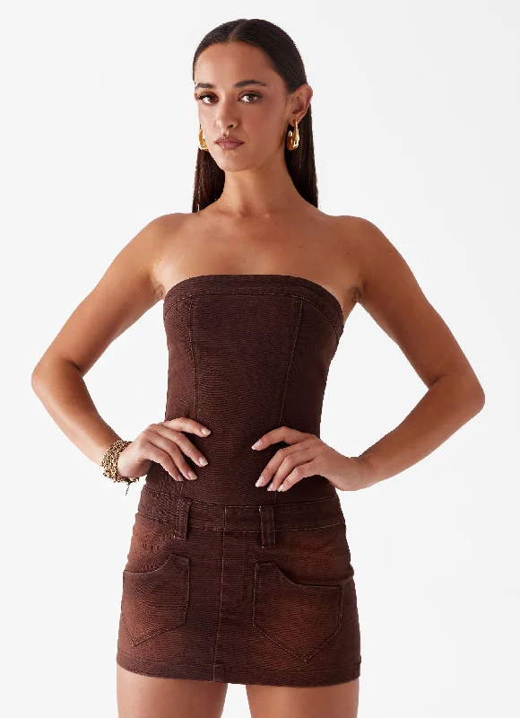 Heading South Mini Dress - Brown Stylish Sweetheart Mini Dress