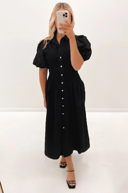 Imogen Midi Dress Black Trendy Boho Midi Dress