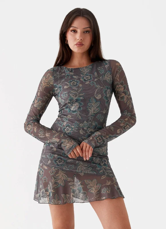 Ines Long Sleeve Mini Dress - Brown Floral Chic Sleeveless Mini Dress