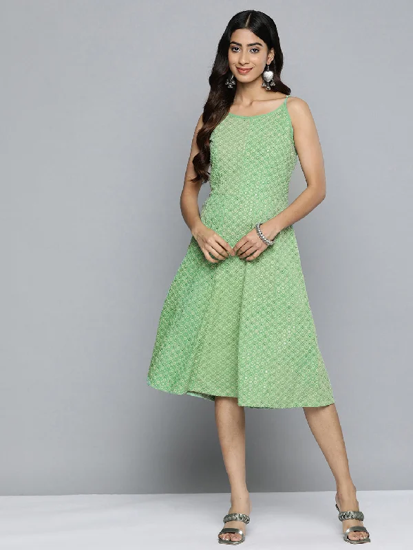 Jashvi Green Floral Sequin Embroidered A-Line Midi Dress Trendy Off-Shoulder Button Midi Dress