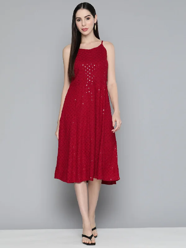 Jashvi Maroon Floral Sequin Embroidered A-Line Midi Dress Elegant Puff Sleeve Midi Dress