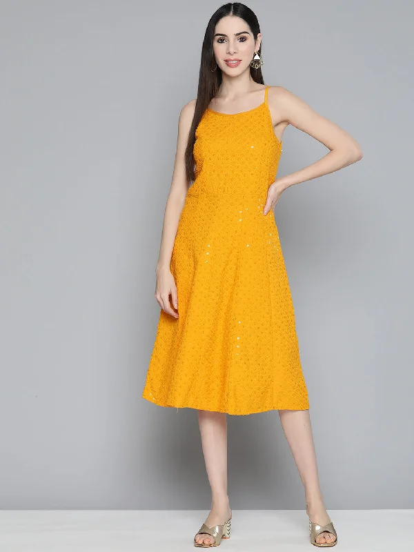 Jashvi Mustard Floral Sequin Embroidered A-Line Midi Dress Trendy Fit-and-Flare Midi Dress