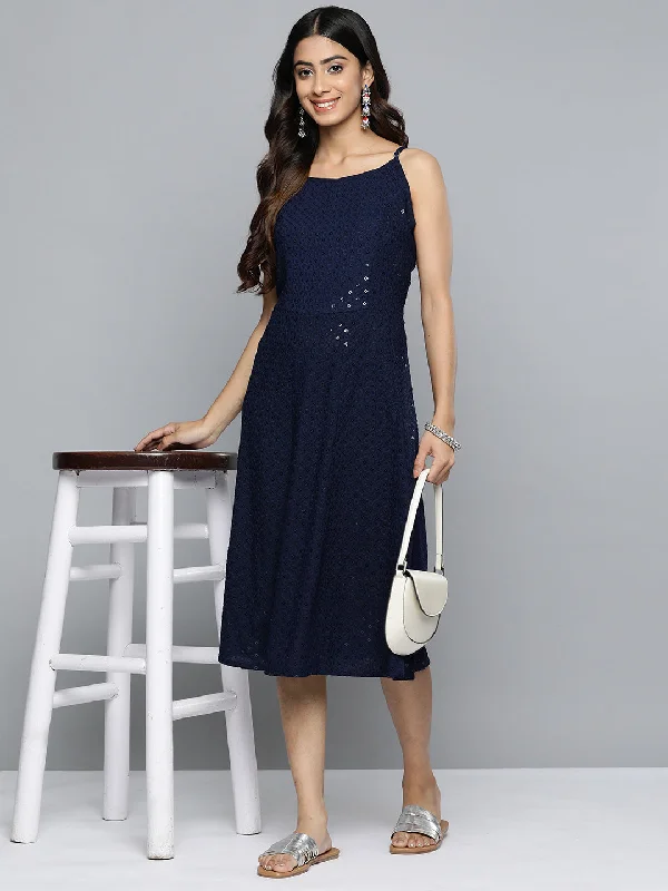 Jashvi Navy Floral Sequin Embroidered A-Line Midi Dress Stylish Midi Dress with Cuffs