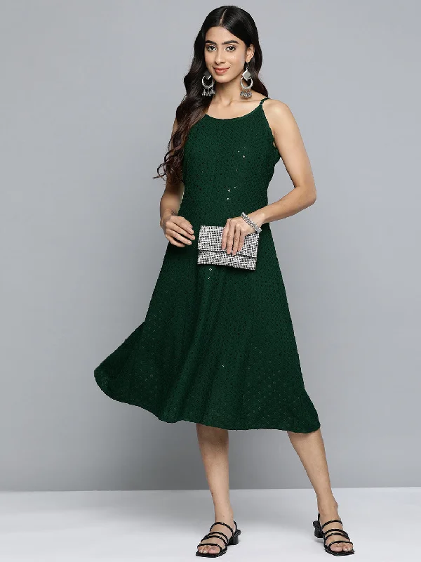 Jashvi Olive Floral Sequin Embroidered A-Line Midi Dress Comfortable Adjustable Strap Midi Dress