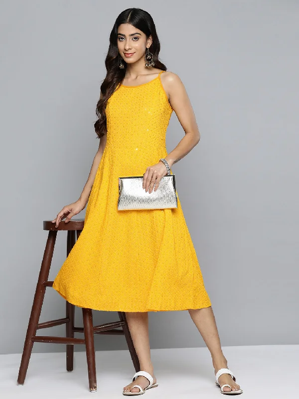 Jashvi Yellow Floral Sequin Embroidered A-Line Midi Dress Trendy Smocked Detail Midi Dress