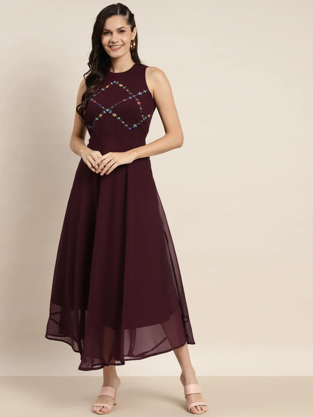 Women Embroidered A-Line Midi Dress Elegant Satin Button Midi Dress