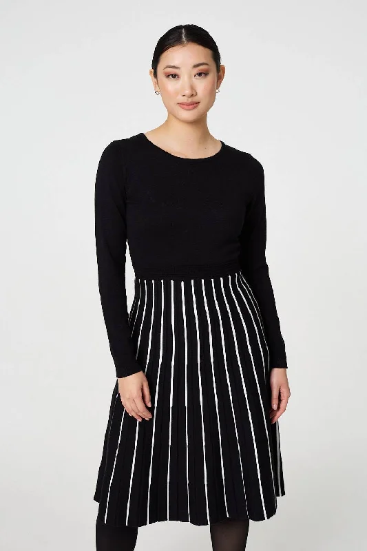 Striped Pleat Skirt Knitted Midi Dress Chic Lace Detail Midi Dress