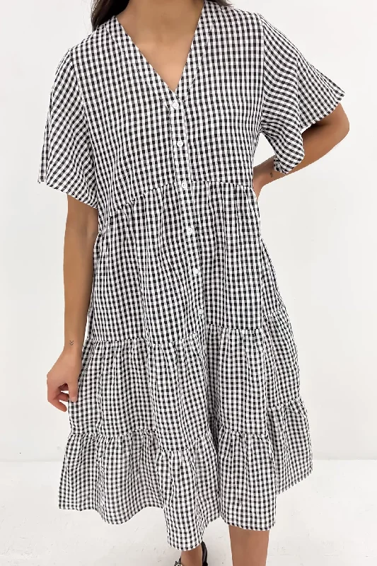 Kelis Midi Dress Black Gingham Fashionable Shift Midi Dress