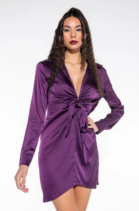 KNOCK 'EM OFF THEIR FEET DEEP V NECK MINI DRESS PURPLE Trendy Denim Mini Dress