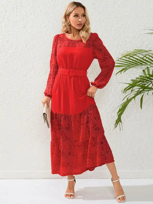 Lace French patchwork waist midi dress Stylish Button-Down Midi Dress