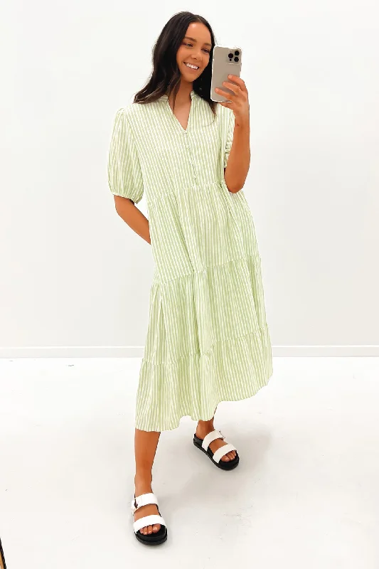 Leilani Midi Dress Green Stripe Comfortable Empire Waist Midi Dress