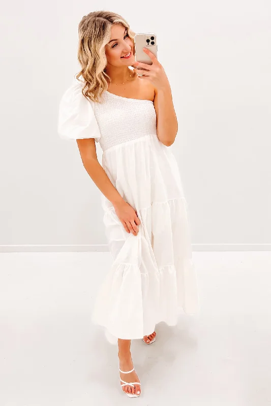 Lillie Midi Dress White Trendy Mock Neck Midi Dress