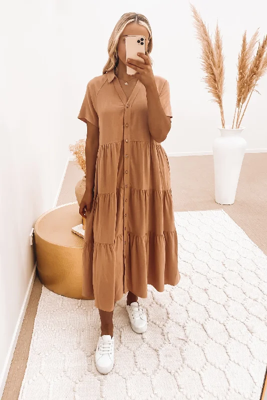 Little Paradise Midi Dress Tan Stylish Off-Shoulder Ruffle Dress