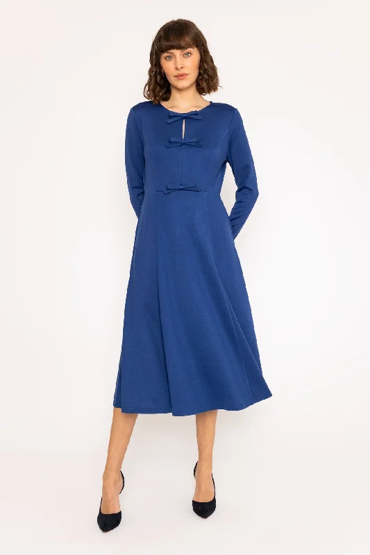 Long Sleeve Cobalt Blue Bow Midi Dress Fashionable High-Neck Midi Dress