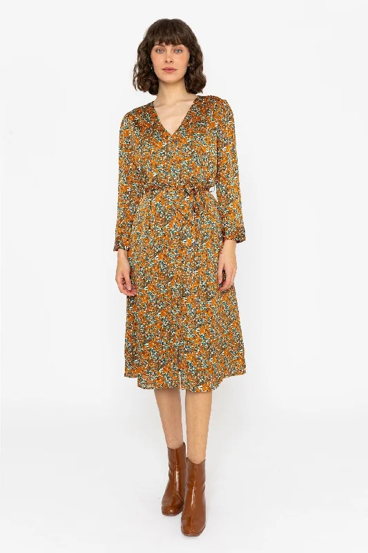 Long Sleeve Green & Orange Floral Jennifer Midi Dress Fashionable Pencil Midi Dress