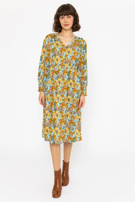 Long Sleeve Multi Floral Brioni Midi Dress Stylish Satin Midi Dress