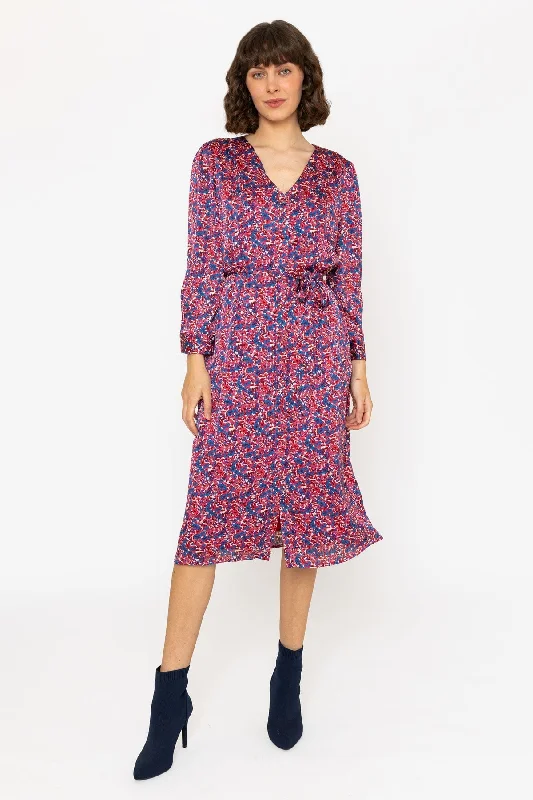 Long Sleeve Red Floral Jennifer Midi Dress Comfortable Button Front Midi Dress