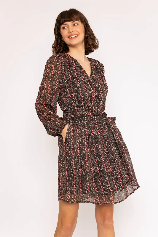 Long Sleeves Black Floral Chiffon Midi Dress with Lurex Stylish Color Block Midi Dress