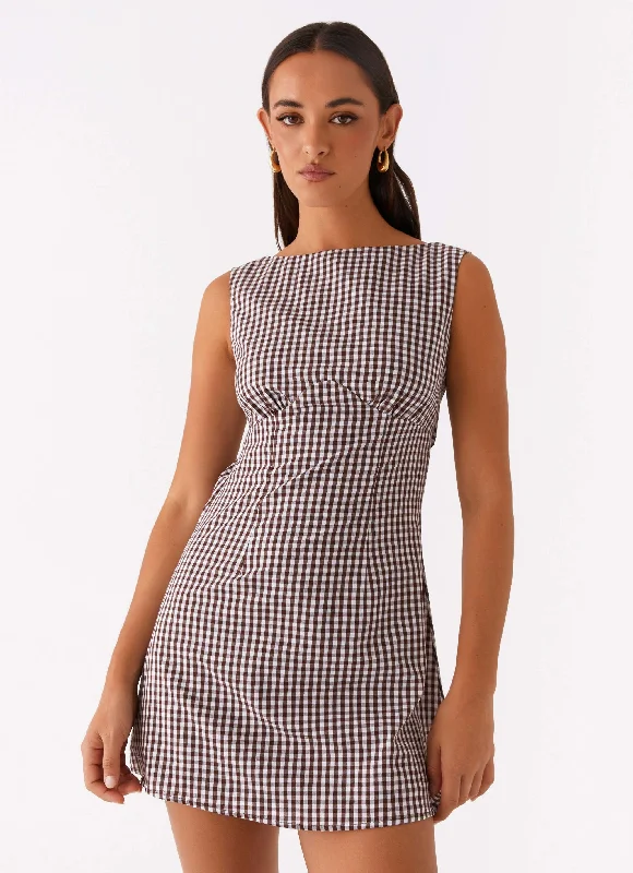 Lotus Tie Back Mini Dress - Chocolate Gingham Trendy Tulle Mini Dress