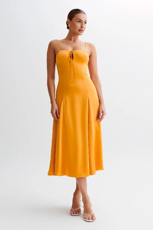 Luciana Satin Midi Dress - Tangerine Fashionable Sheer Sleeve Midi Dress