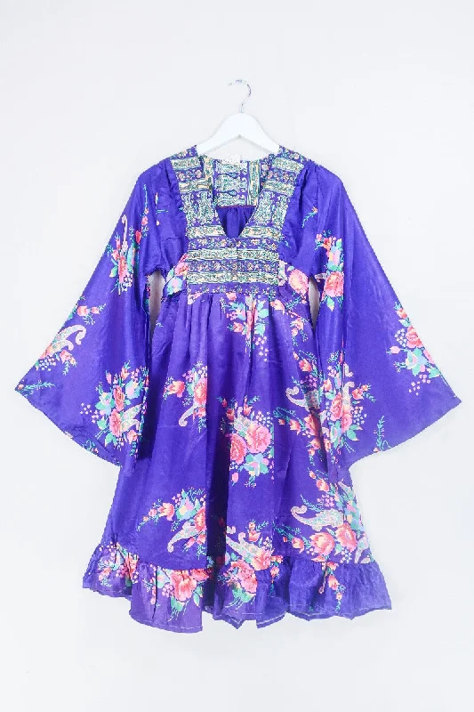Lunar Mini Dress - Vintage Sari - Bright Amethyst Wallpaper Floral - Size XXS Petite Casual Button-Up Mini Dress Lunar Mini Dress - Vintage Sari - Bright Amethyst Wallpaper Floral - Size XXS Petite Casual Button-Up Mini Dress