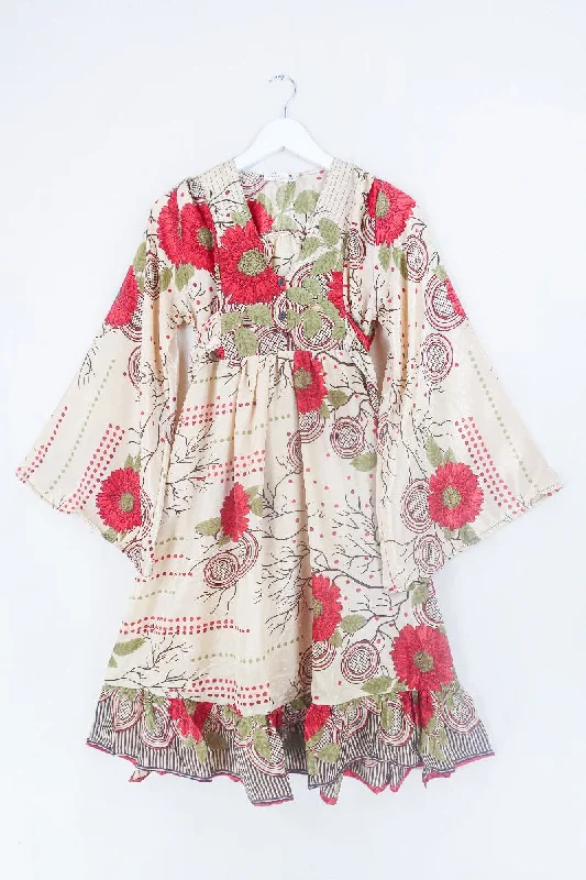 Lunar Mini Dress - Vintage Sari - Ivory & Ruby Red Bold Floral - Size XXS Petite Fashionable Summer Mini Dress Lunar Mini Dress - Vintage Sari - Ivory & Ruby Red Bold Floral - Size XXS Petite Fashionable Summer Mini Dress