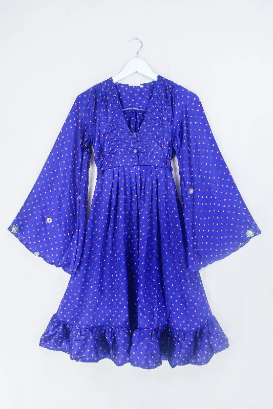 Lunar Mini Dress - Vintage Sari - French Violet and Golden Sequin - Size XXS Petite Chic Tropical Mini Dress Lunar Mini Dress - Vintage Sari - French Violet and Golden Sequin - Size XXS Petite Chic Tropical Mini Dress