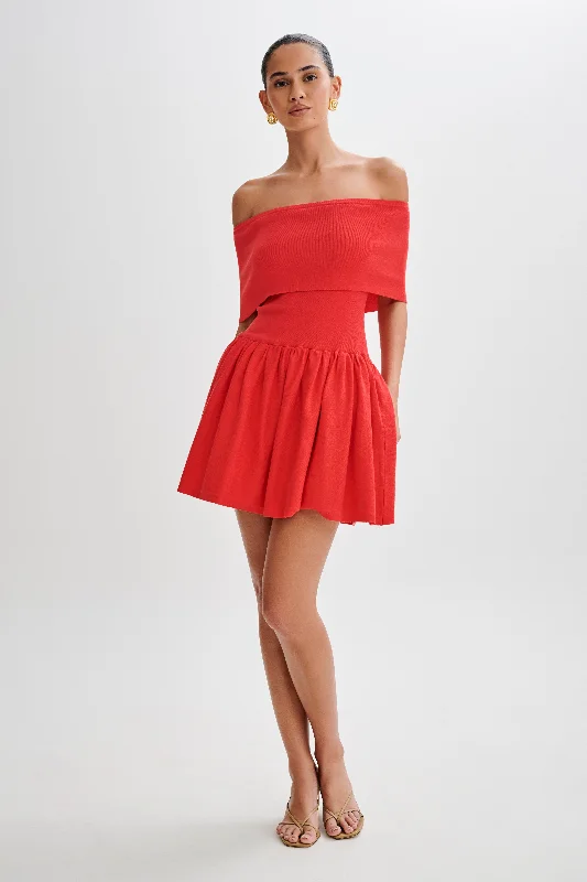 Lydia Off Shoulder Knit Mini Dress - Red Chic Tropical Mini Dress