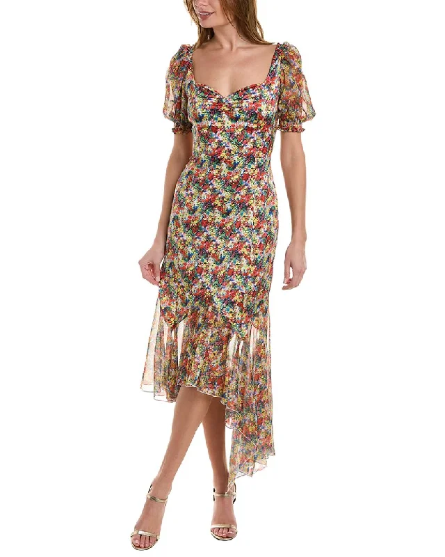 Marchesa Notte Floral Midi Dress Elegant Pleated Sleeve Midi Dress