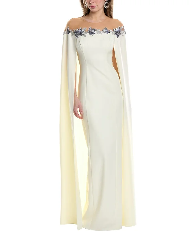 Marchesa Notte Tulle Illusion Cape Effect Maxi Dress Elegant Maxi Dress with Drapes