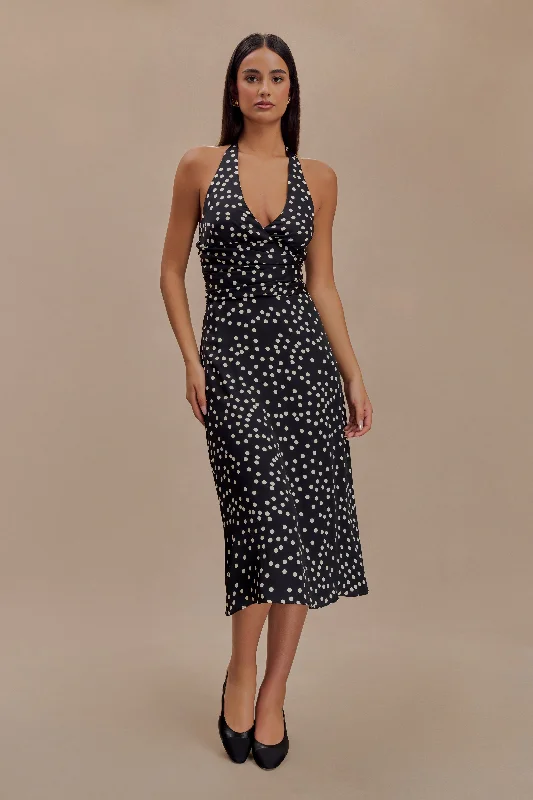Marguerite Satin Halter Midi Dress - Black Polka Dot Print Comfortable Short Sleeve Midi Dress