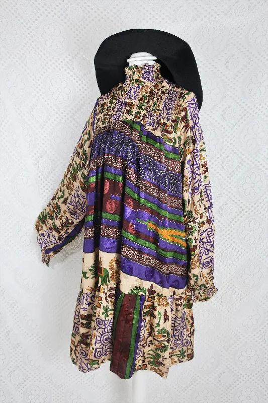 Mona Mini Dress - Vintage Indian Sari - Purple & Gold Illustrations - Free Size Elegant Tulle Mini Dress Mona Mini Dress - Vintage Indian Sari - Purple & Gold Illustrations - Free Size Elegant Tulle Mini Dress