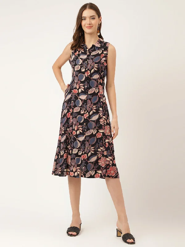 Women's Navy Blue Floral Print Rayon A-Line Midi Dress with Attached Sleeves for Women - Taantav Fashionable Pencil Midi Dress