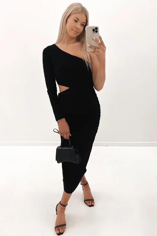 Night Fever Midi Dress Black Chic Off-Shoulder Midi Dress