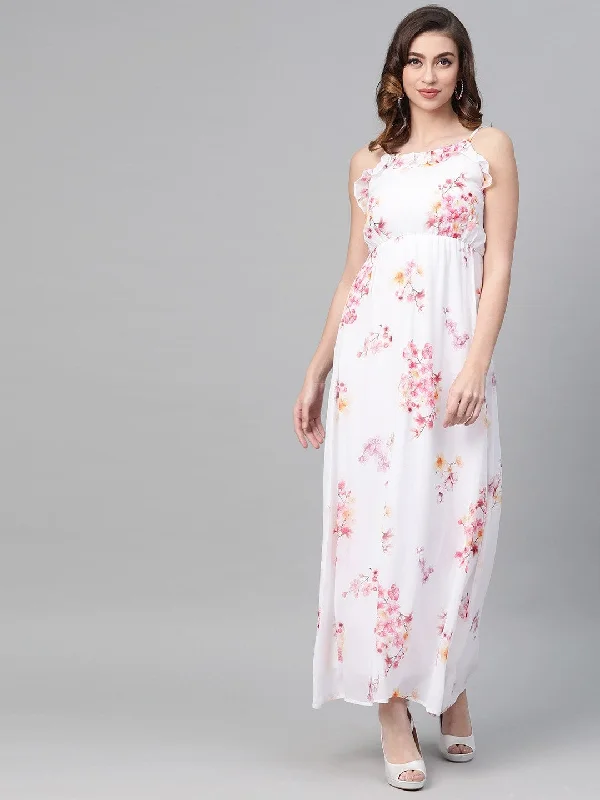 Women's Off-White Floral Strappy Maxi Dress - SASSAFRAS Comfortable Bohemian Maxi Dress