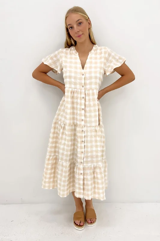 Owen Midi Dress Latte Gingham Elegant Pleated Detail Midi Dress