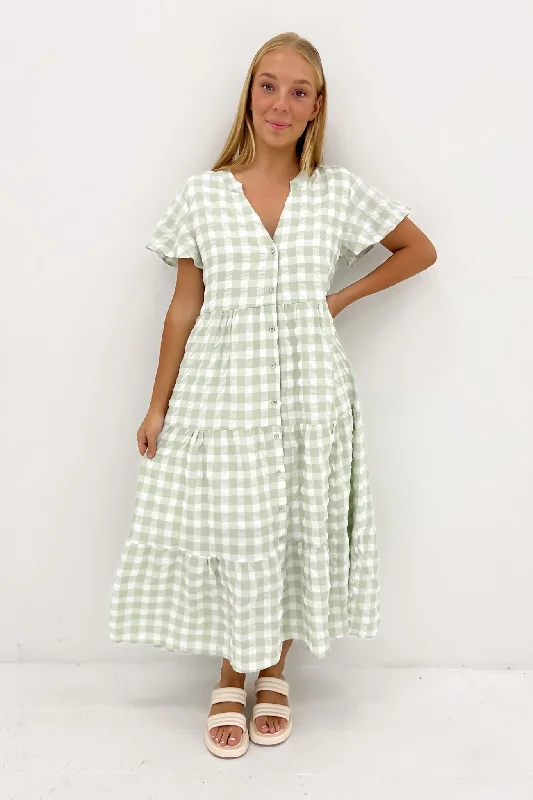 Owen Midi Dress Sage Gingham Elegant Satin Midi Dress