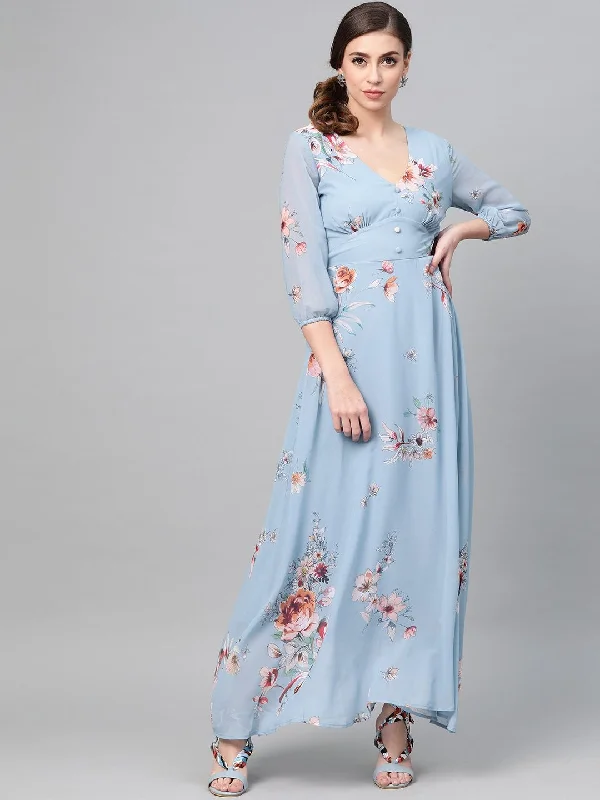 Women's Pale Blue Floral Flared Maxi Dress - SASSAFRAS Elegant Floral Maxi Dress