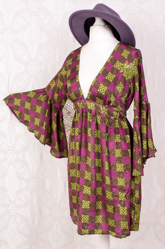 Pansy Mini Dress - Indian Sari - Circular Flounce Sleeve - Chequered Embellished Deep Magenta & Lime - Free Size S/M Chic Halter Mini Dress Pansy Mini Dress - Indian Sari - Circular Flounce Sleeve - Chequered Embellished Deep Magenta & Lime - Free Size S/M Chic Halter Mini Dress