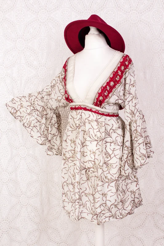 Pansy Mini Dress - Indian Sari - Circular Flounce Sleeve - Jasmine & Crimson Floral - Free Size M/L Comfortable Zip-Up Mini Dress Pansy Mini Dress - Indian Sari - Circular Flounce Sleeve - Jasmine & Crimson Floral - Free Size M/L Comfortable Zip-Up Mini Dress