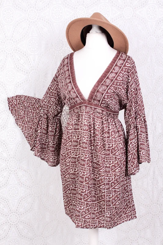 Pansy Mini Dress - Indian Sari - Circular Flounce Sleeve - Rose Taupe Tile Print - Free Size M/L Elegant Mini Dress with Pleats Pansy Mini Dress - Indian Sari - Circular Flounce Sleeve - Rose Taupe Tile Print - Free Size M/L Elegant Mini Dress with Pleats