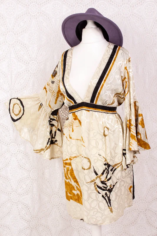 Pansy Mini Dress - Indian Sari - Circular Flounce Sleeve - Ivory, Honey & Raven Brushstroke Shimmer - Free Size M/L Trendy Wraparound Mini Dress Pansy Mini Dress - Indian Sari - Circular Flounce Sleeve - Ivory, Honey & Raven Brushstroke Shimmer - Free Size M/L Trendy Wraparound Mini Dress