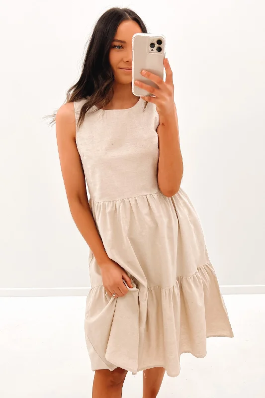 Peyton Midi Dress Beige Comfortable Fit-and-Flare Midi Dress