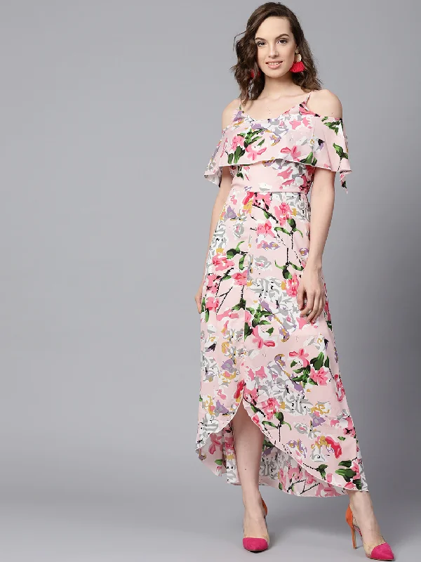 Women's Pink Floral Layered High Low Maxi Dress - SASSAFRAS Fashionable Maxi Dress with Fringe