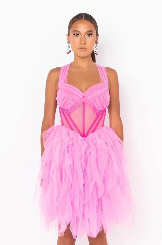 PRINCESS SHIT TULLE MINI DRESS NEON PINK Chic Puff Sleeve Mini Dress